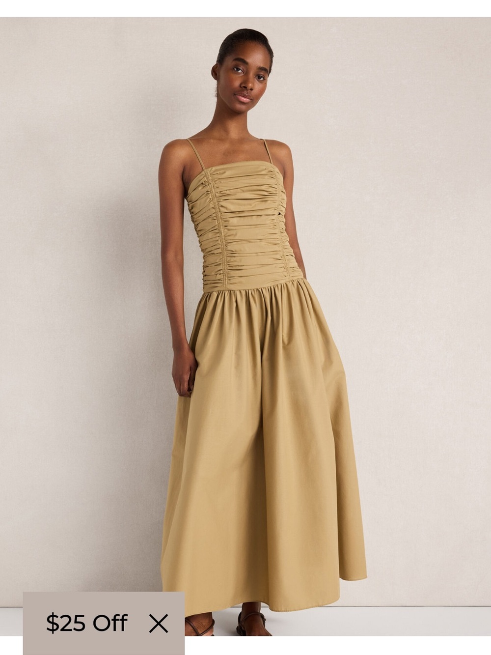 Sleeveless Midi Dress in Khaki with Ruched Bodice